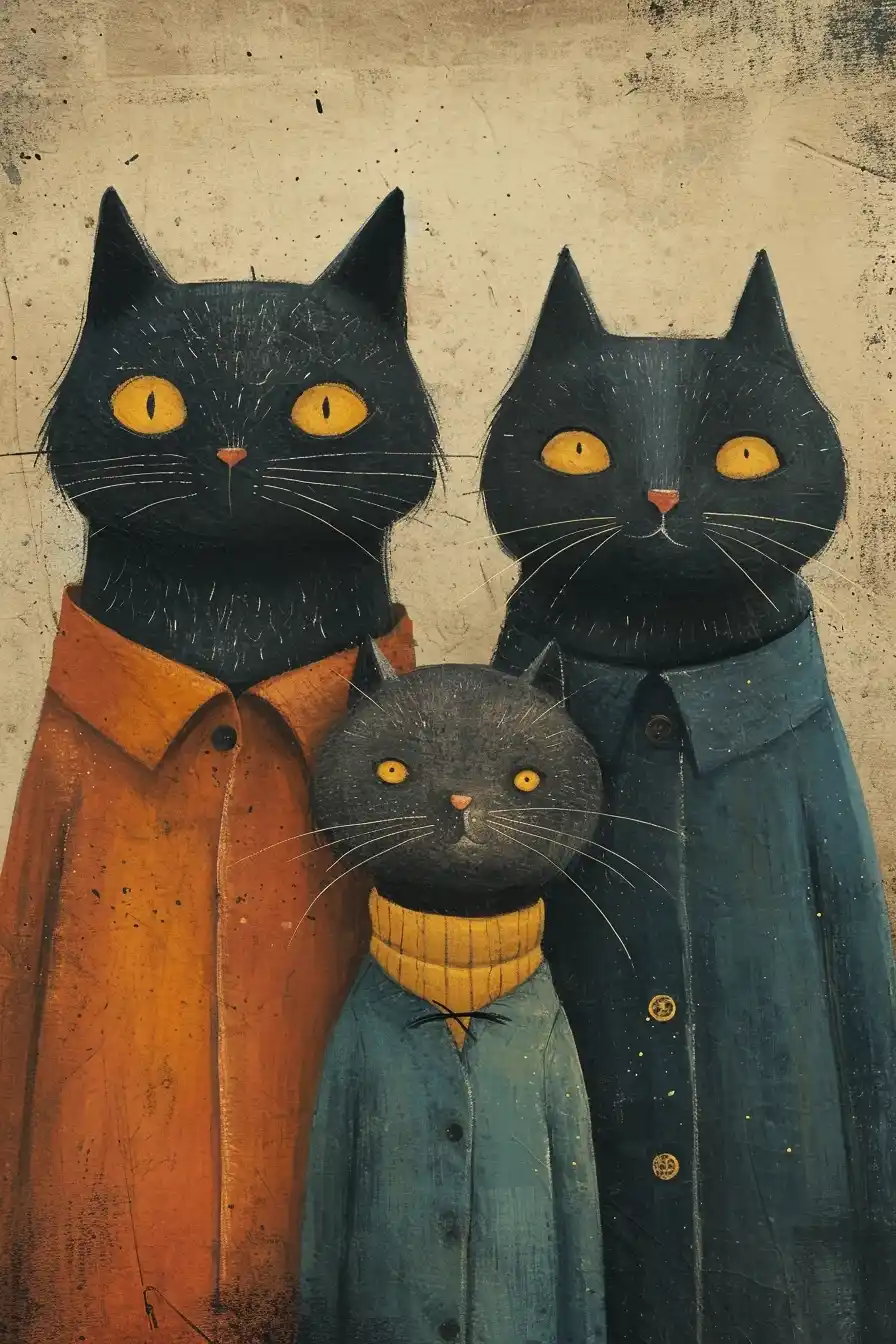 Retro Cats Family Portrait Midjourney提示词