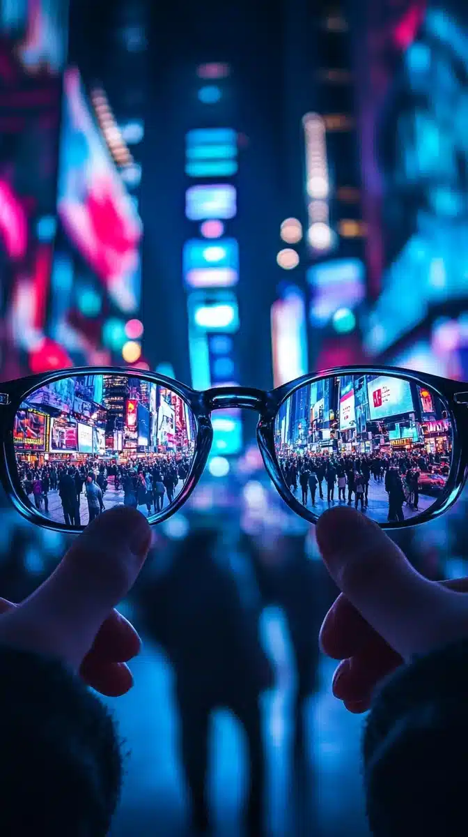 Urban Reflection in Glasses Midjourney提示词