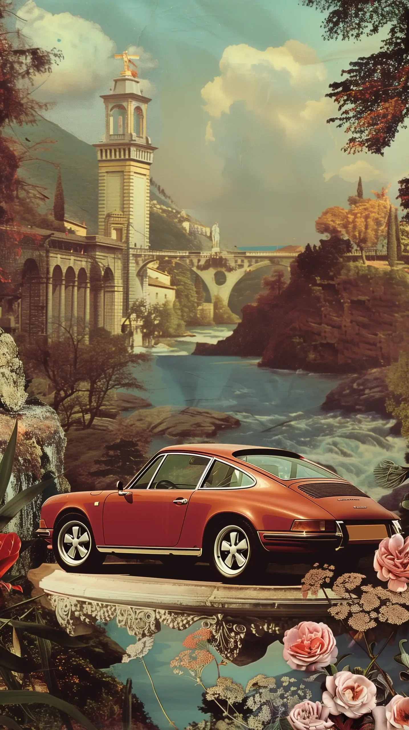 Vintage Porsche Collage Art Midjourney提示词