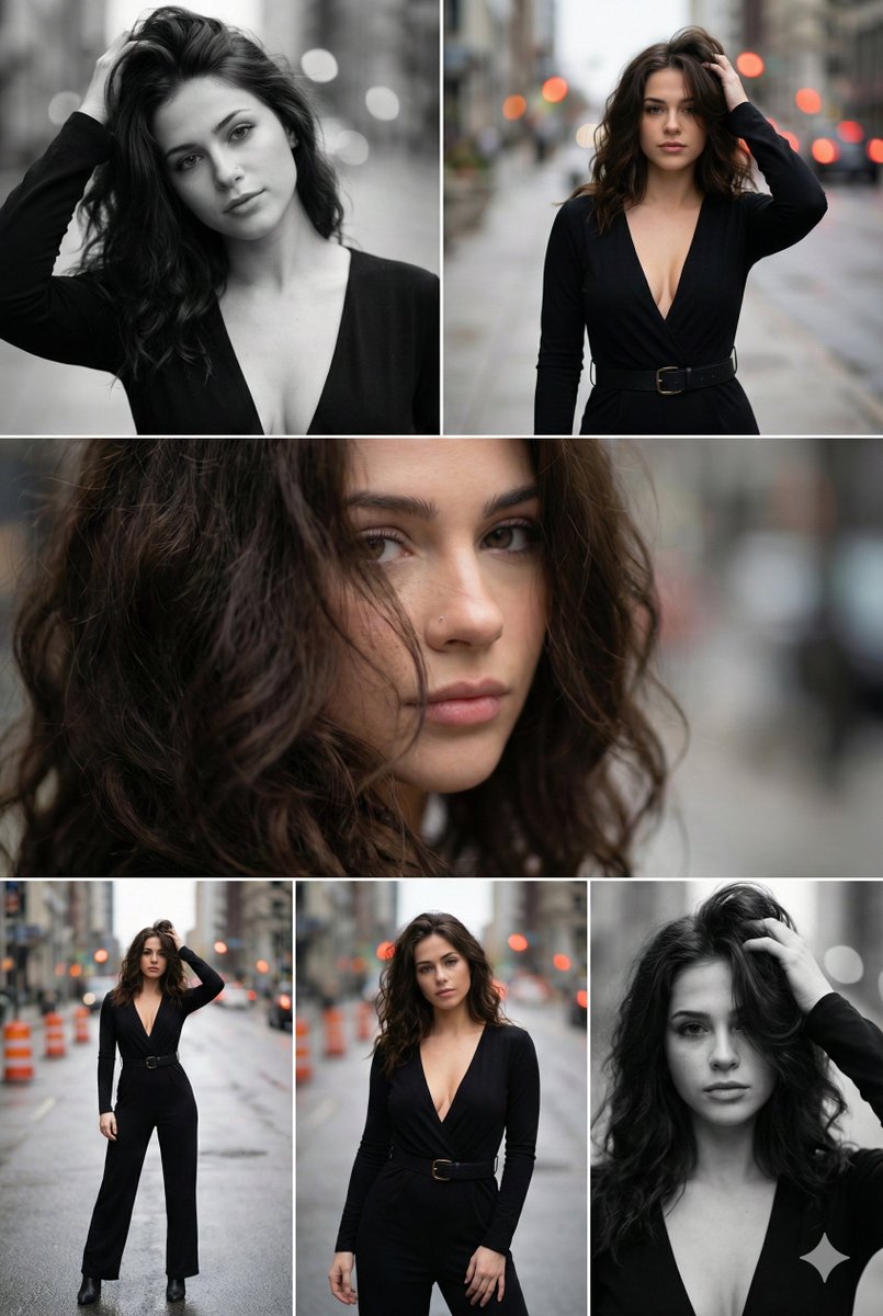 Fashion Portrait: Woman in Black Jumpsuit on City Street Nano Banana提示词