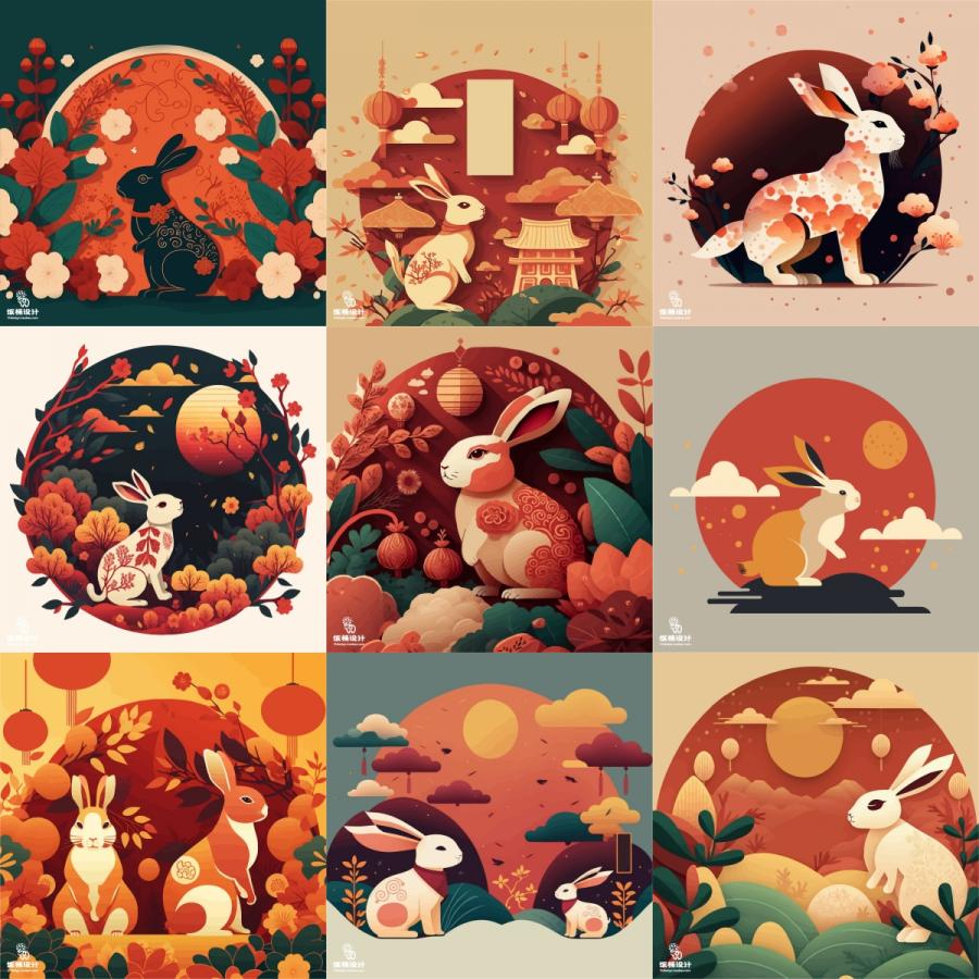 2023新年创意卡通兔子兔年元素风景插画海报背景AI矢量设计素材