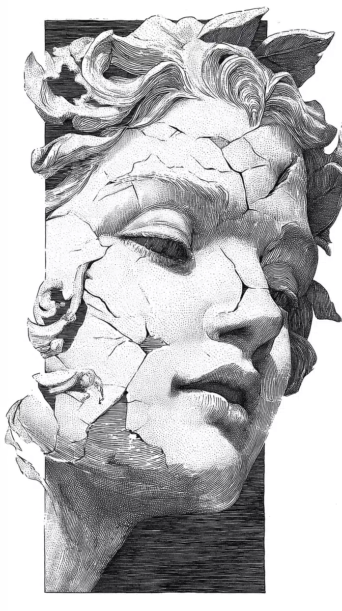 Lineart Portrait of Cracked Goddess Midjourney提示词