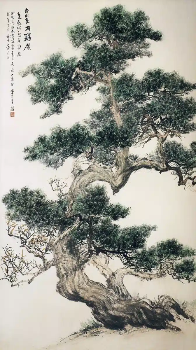 Traditional Pine Tree Painting Midjourney提示词