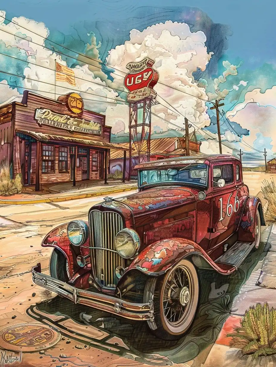 American Route 66 Illustration Midjourney提示词