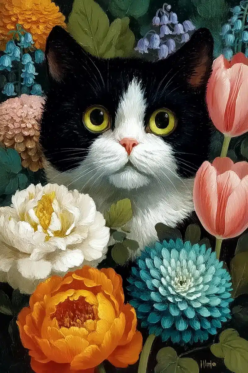 Audubon-Style Cat with Flowers Midjourney提示词