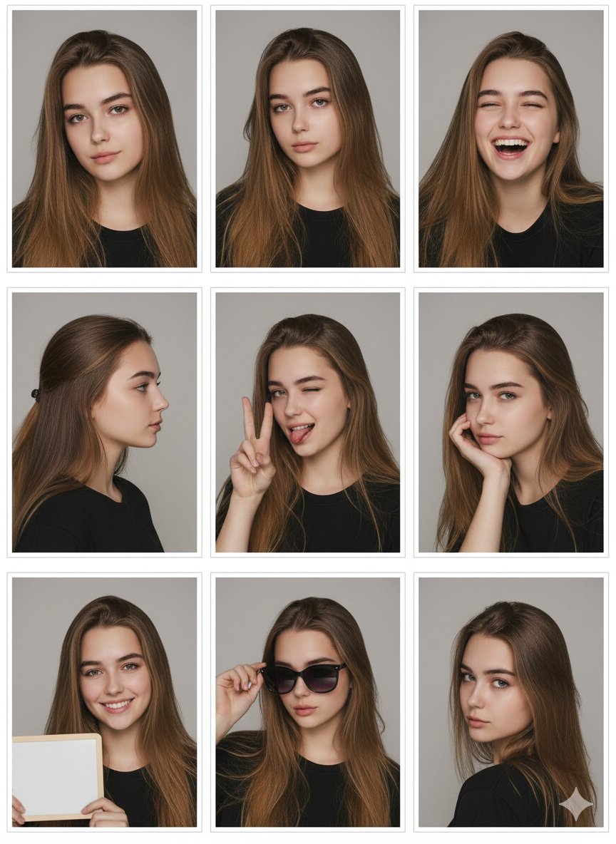 Young Woman Portraits: Diverse Expressions & Headshots Nano Banana提示词