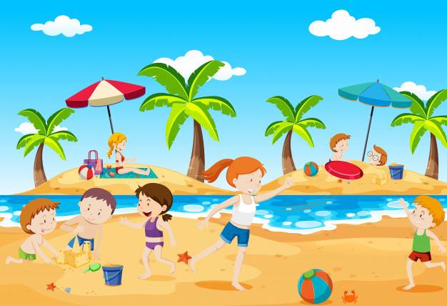在夏天在海滩玩耍的孩子