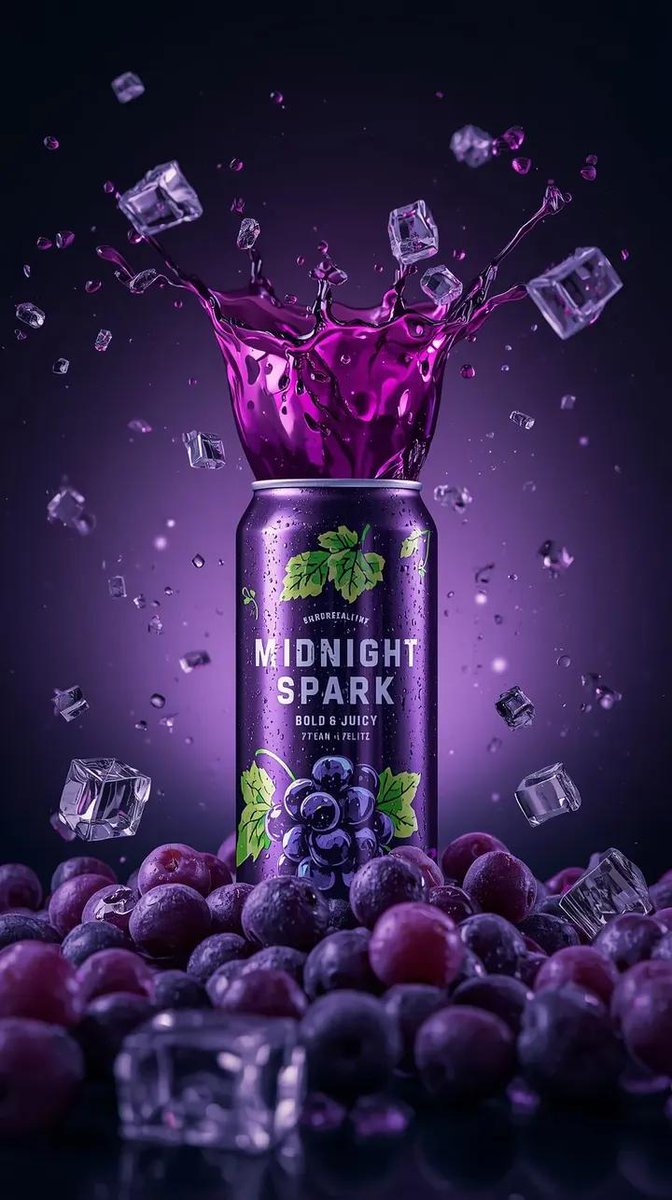 Midnight Spark Grape Soda Can: Refreshing Product Photo Nano Banana提示词