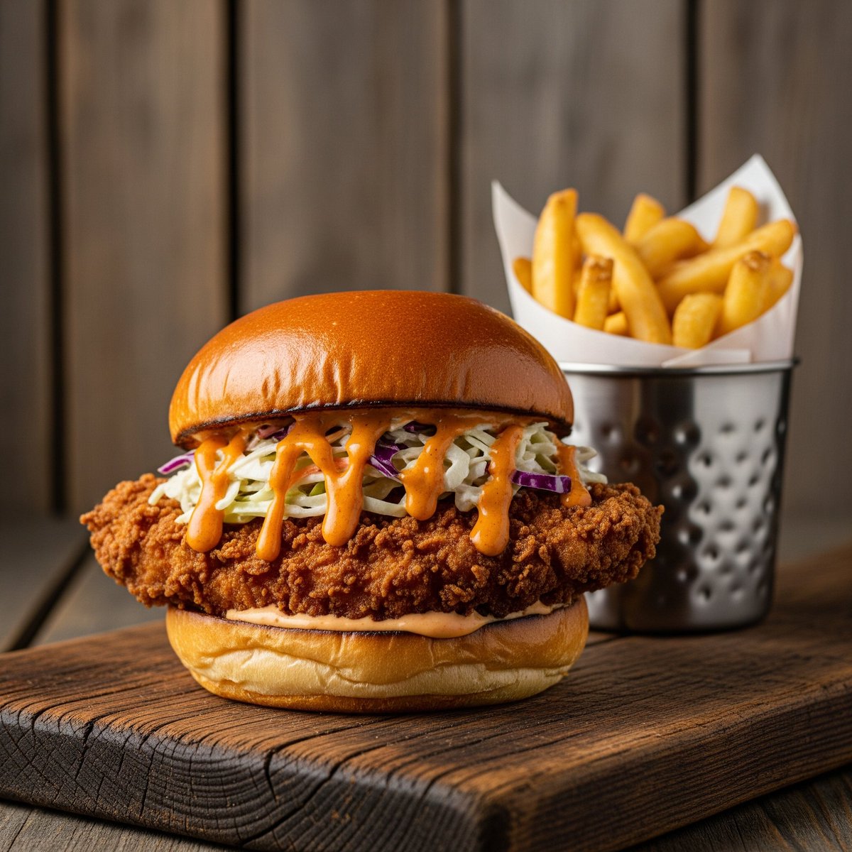 Crispy Fried Chicken Sandwich & French Fries - Food Photo Nano Banana提示词