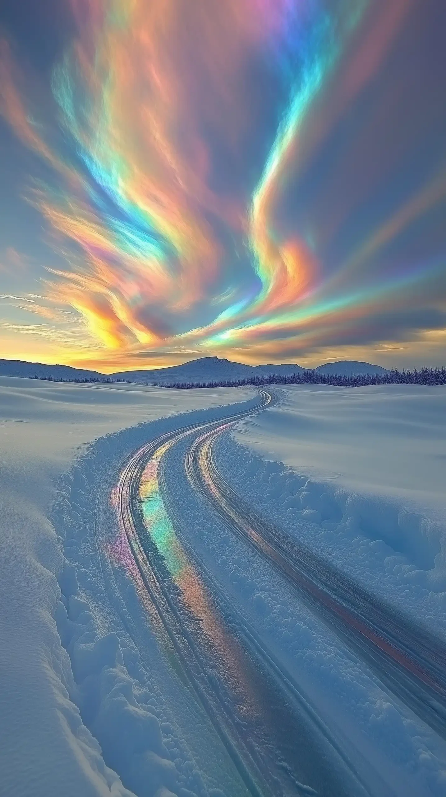 Iridescent Clouds Over Snow Trees Midjourney提示词