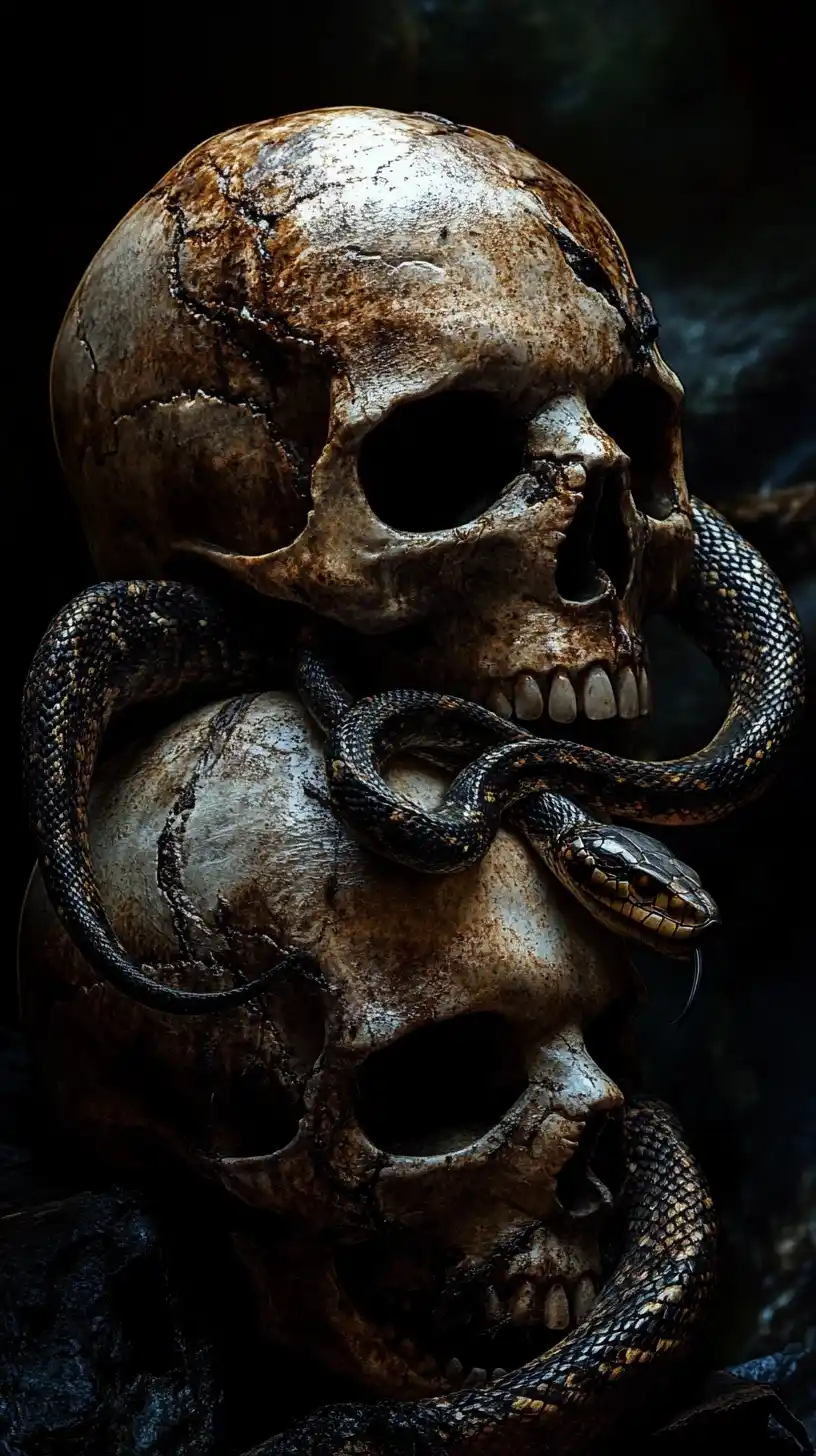 Photorealistic Skulls and Snake Midjourney提示词