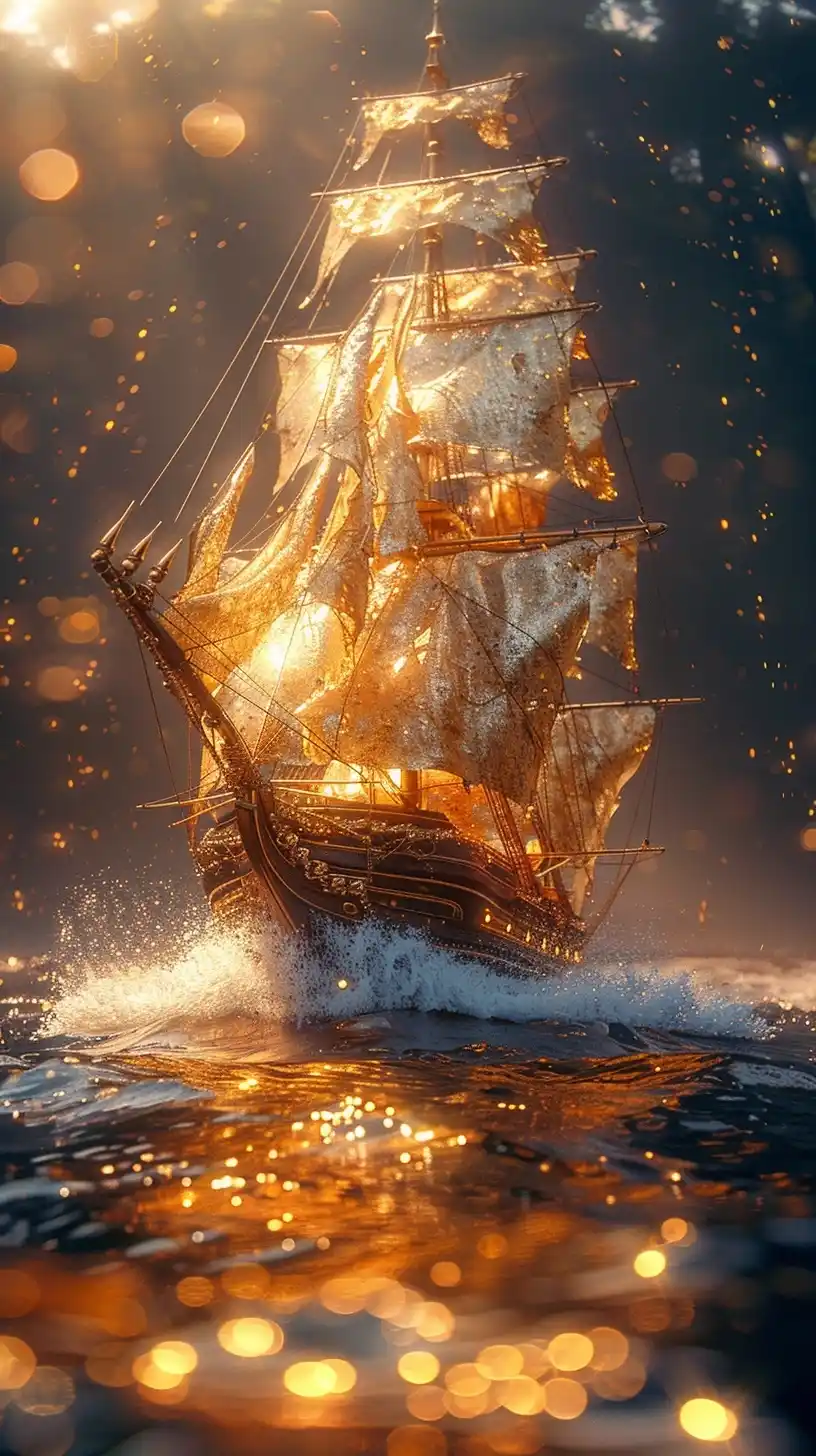 Golden Pirate Ship Reflection Midjourney提示词