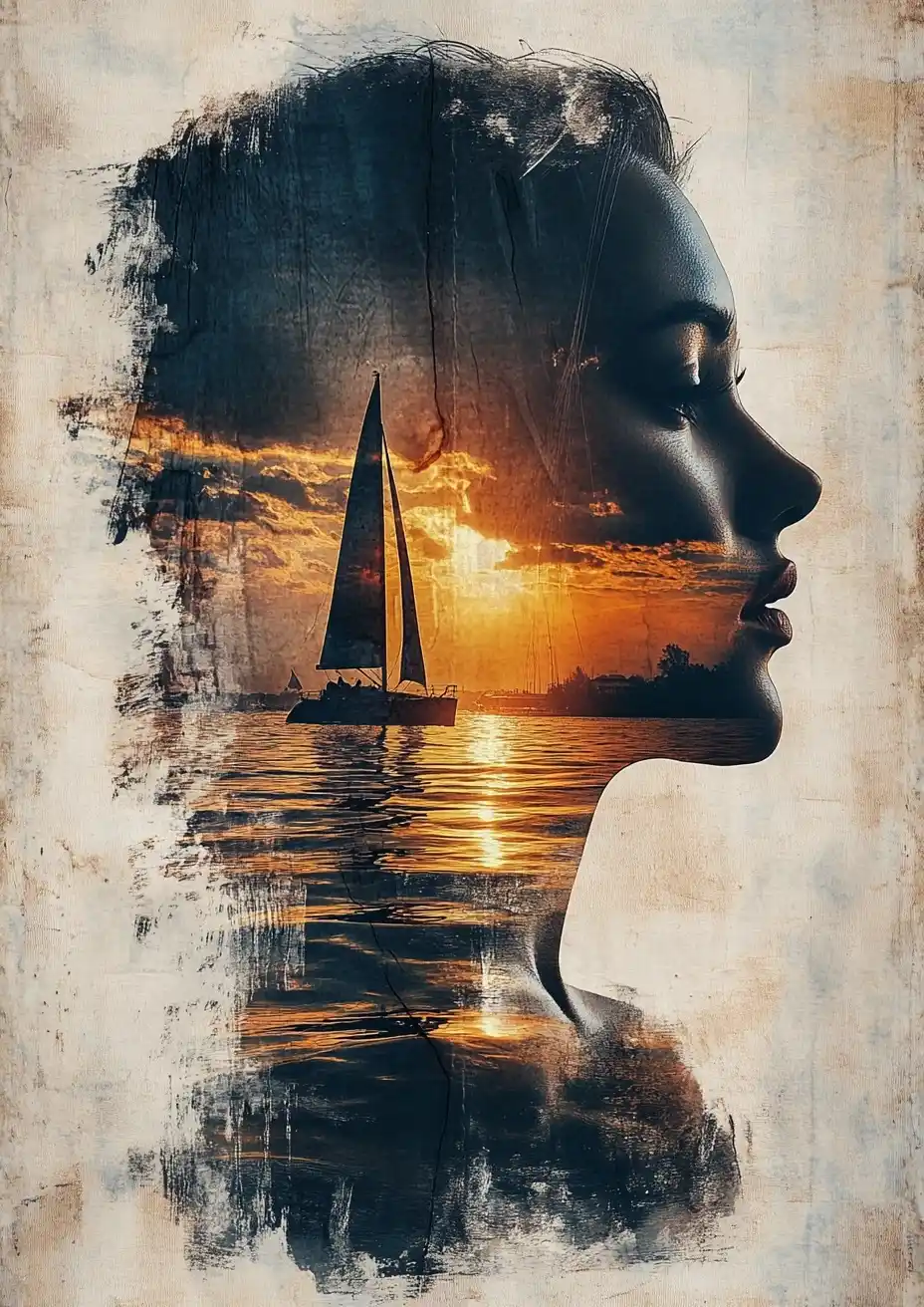 Mixed Media Woman Sailboat Midjourney提示词