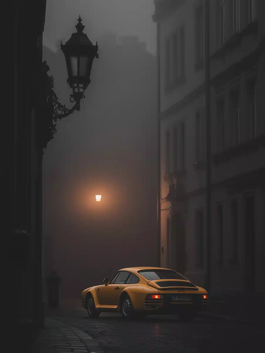 Vibrant Porsche in Fog Midjourney提示词