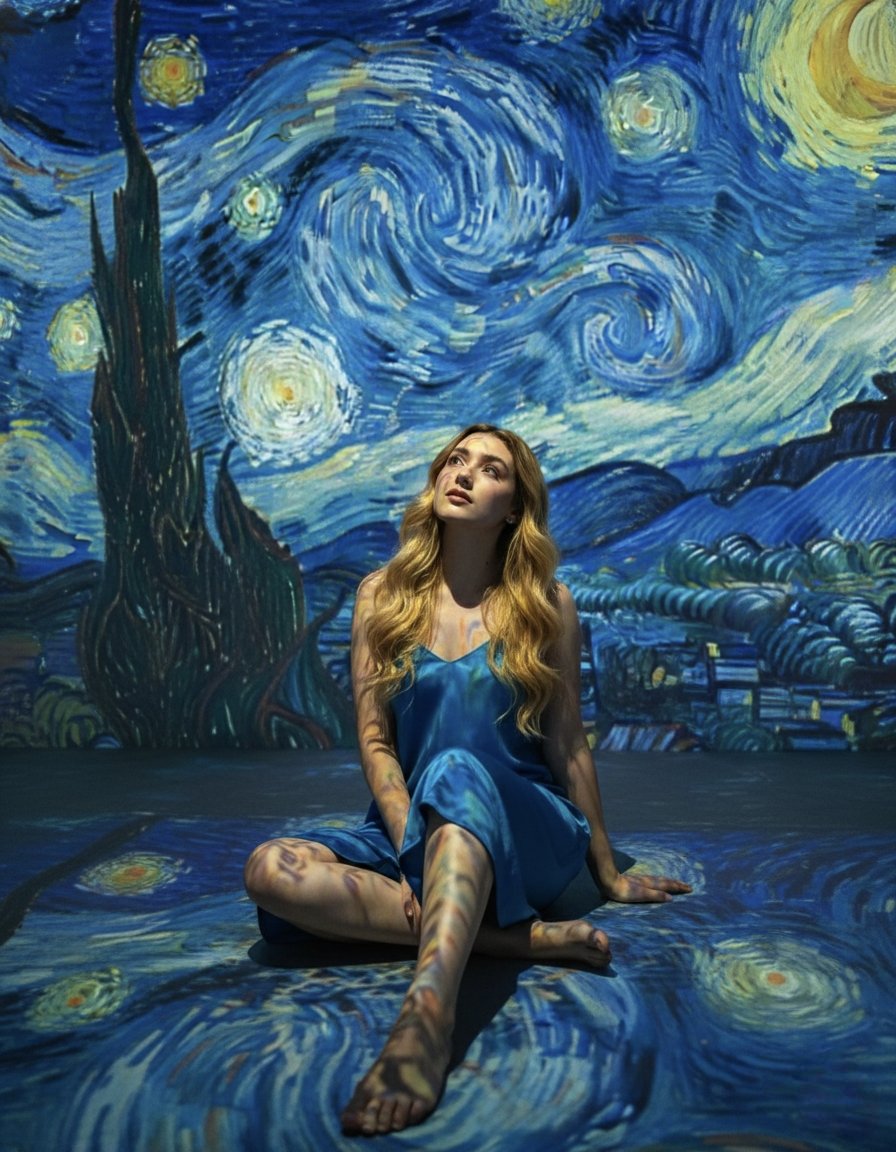 Immersive Van Gogh Starry Night Portrait - Woman in Art Nano Banana提示词