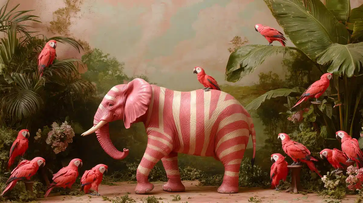 Striped Elephant with Parrots Midjourney提示词