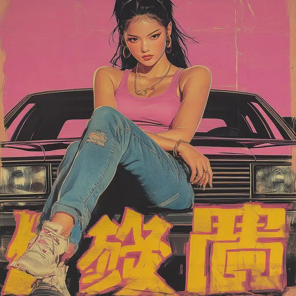 Y2K Chinese Poster Female Bodybuilder on Chevy Impala Midjourney提示词