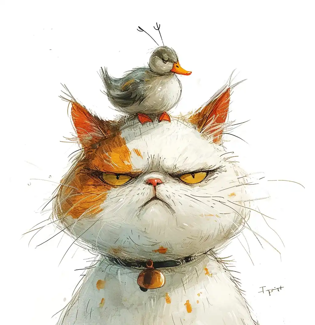 Angry Cat with Duck Minimal Line Art Midjourney提示词