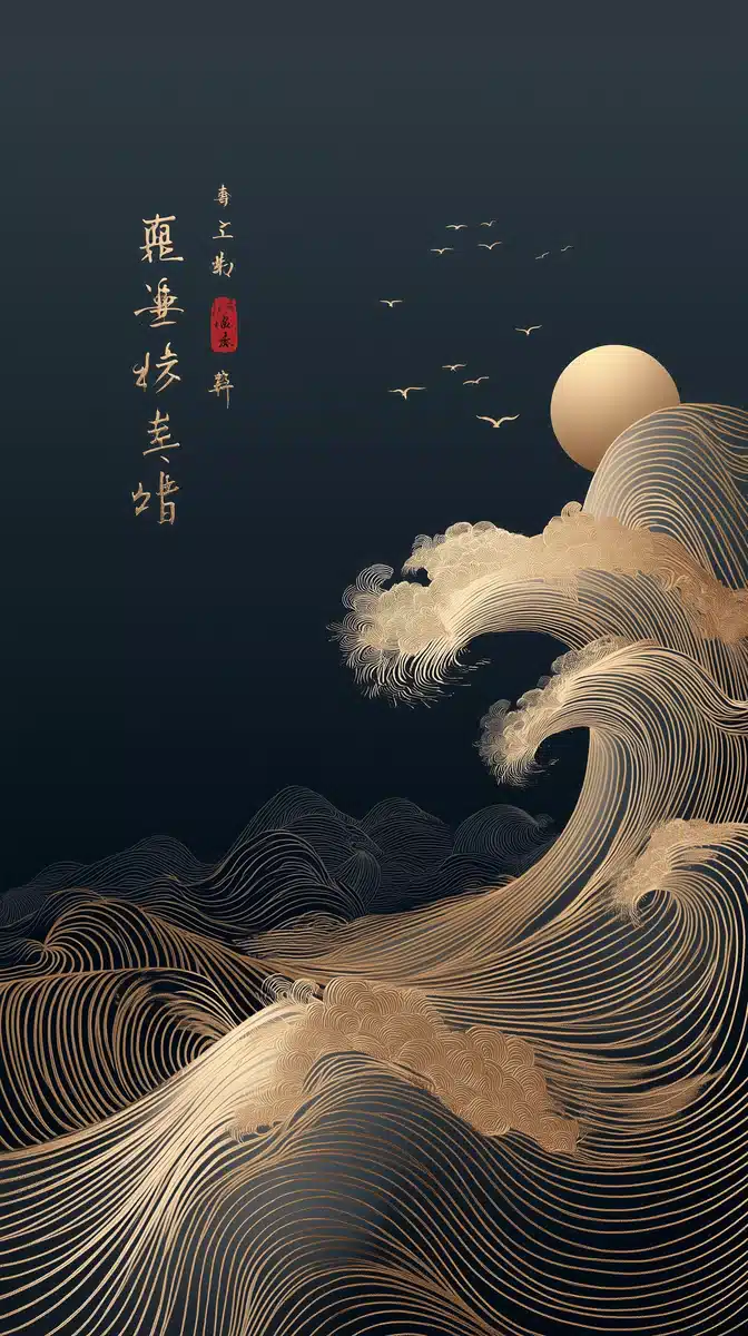 Golden Wave Line Art Midjourney提示词