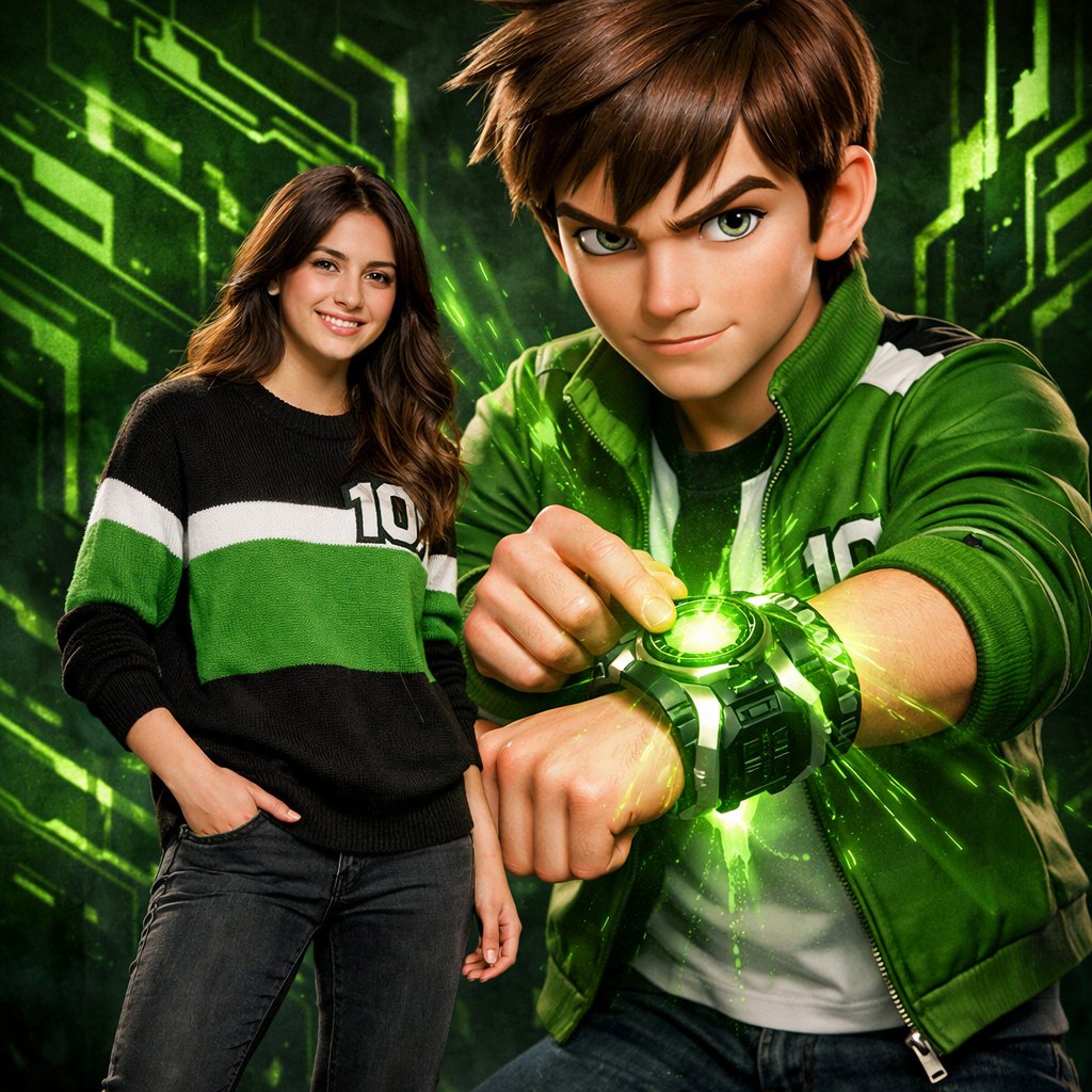 Ben 10 Cinematic Poster: Photorealistic & Animated Duo Nano Banana提示词