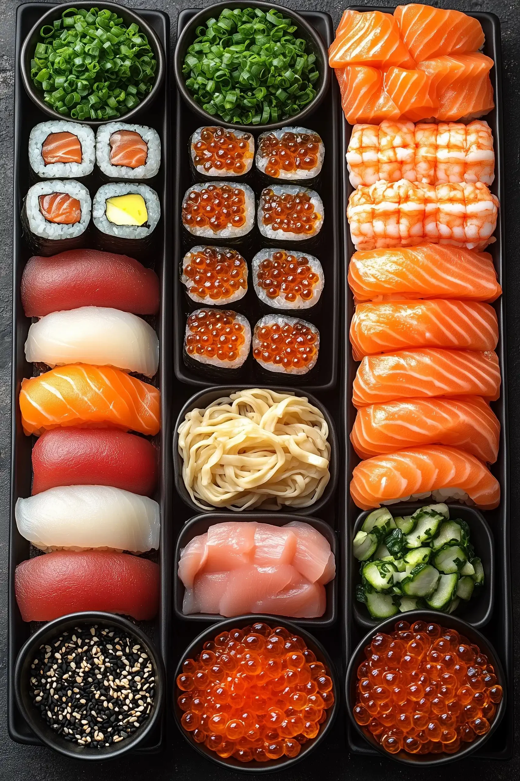 Detailed Noodle and Sushi Arrangement Midjourney提示词