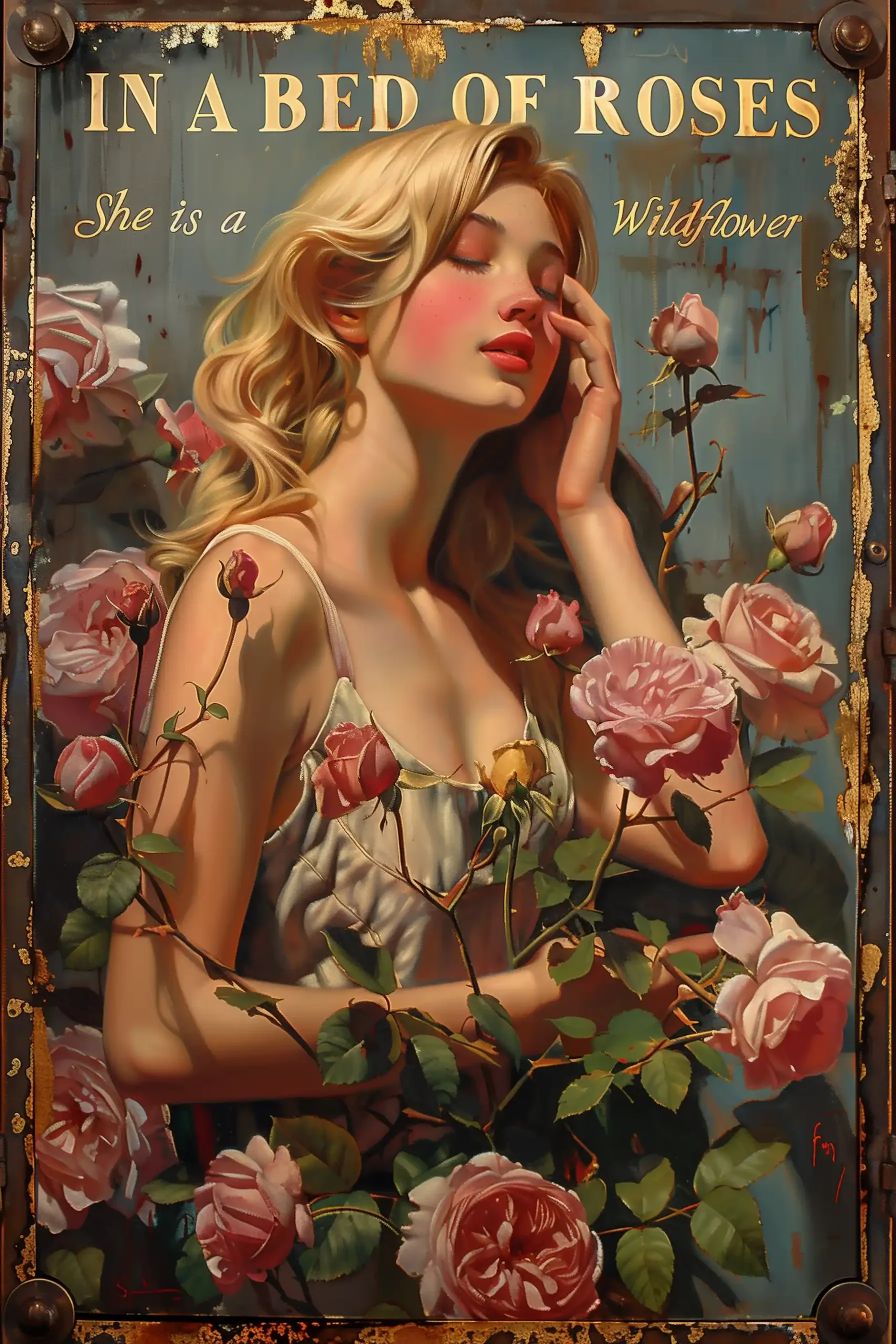 Vintage Rose Metal Sign Midjourney提示词