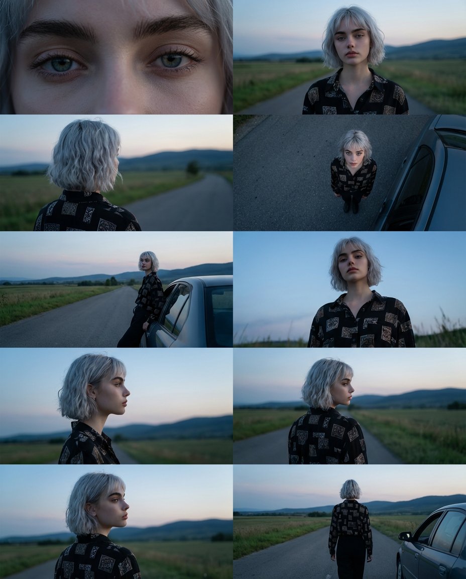 Cinematic Portrait: Woman on Rural Road at Dusk Nano Banana提示词