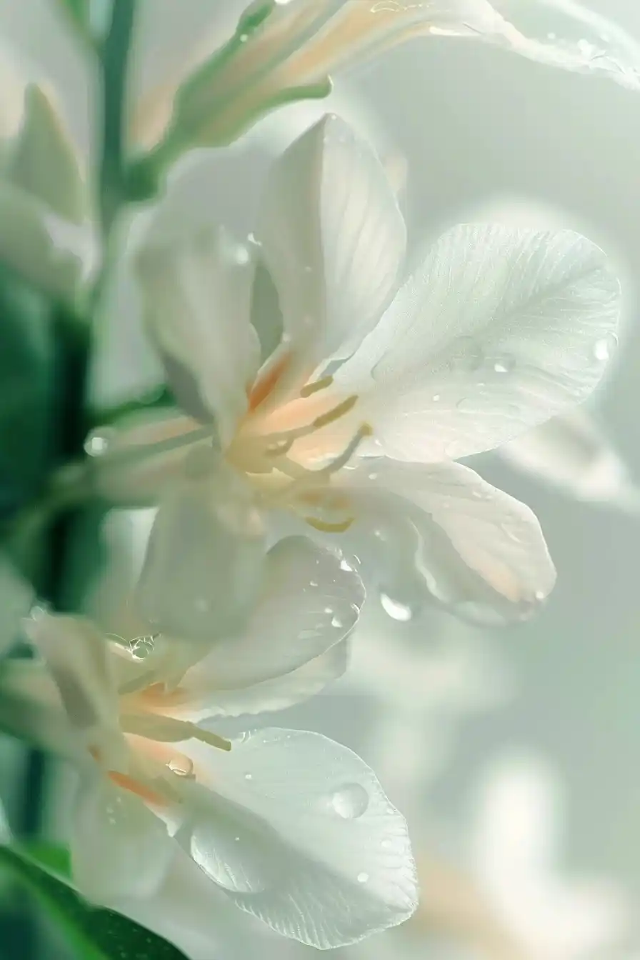 Close-Up Jasmine with Water Drops Midjourney提示词