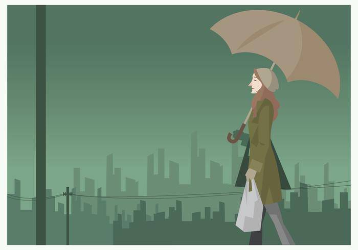 女孩走在雨中与伞矢量