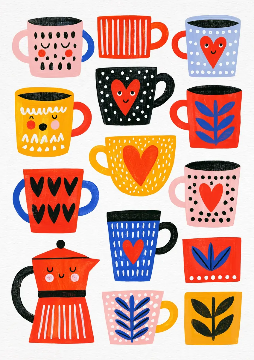 Coffee Cups Collage Painting Midjourney提示词