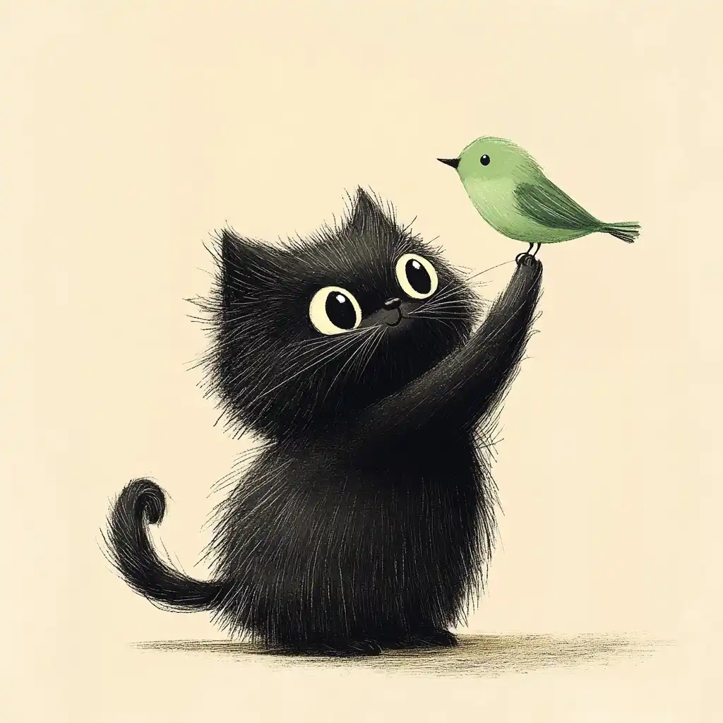 Whimsical Cat with Bird Midjourney提示词