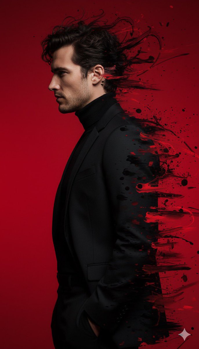 Dramatic Portrait: Man in Black Suit, Red Splatter Effect Nano Banana提示词