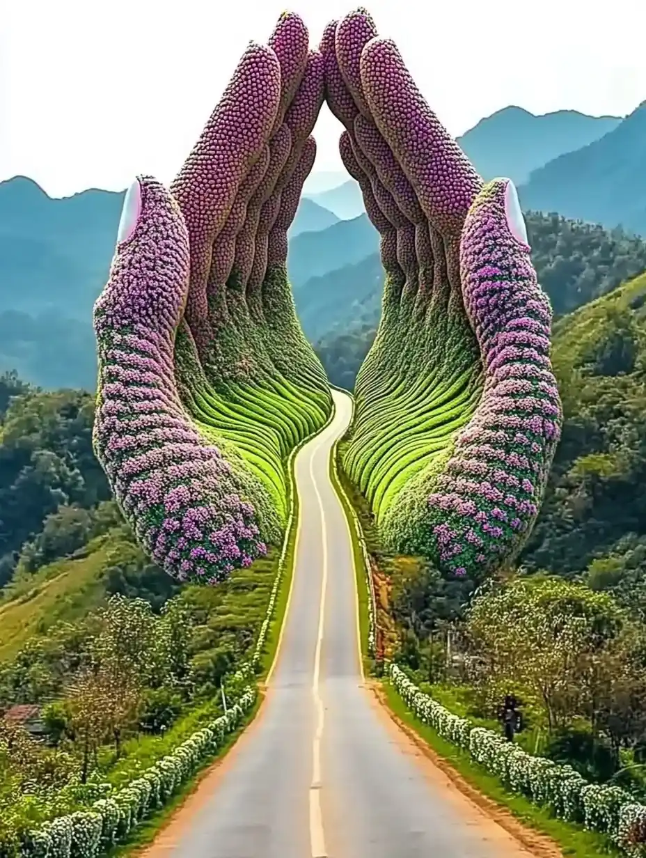 Hands-Shaped Road in China Midjourney提示词