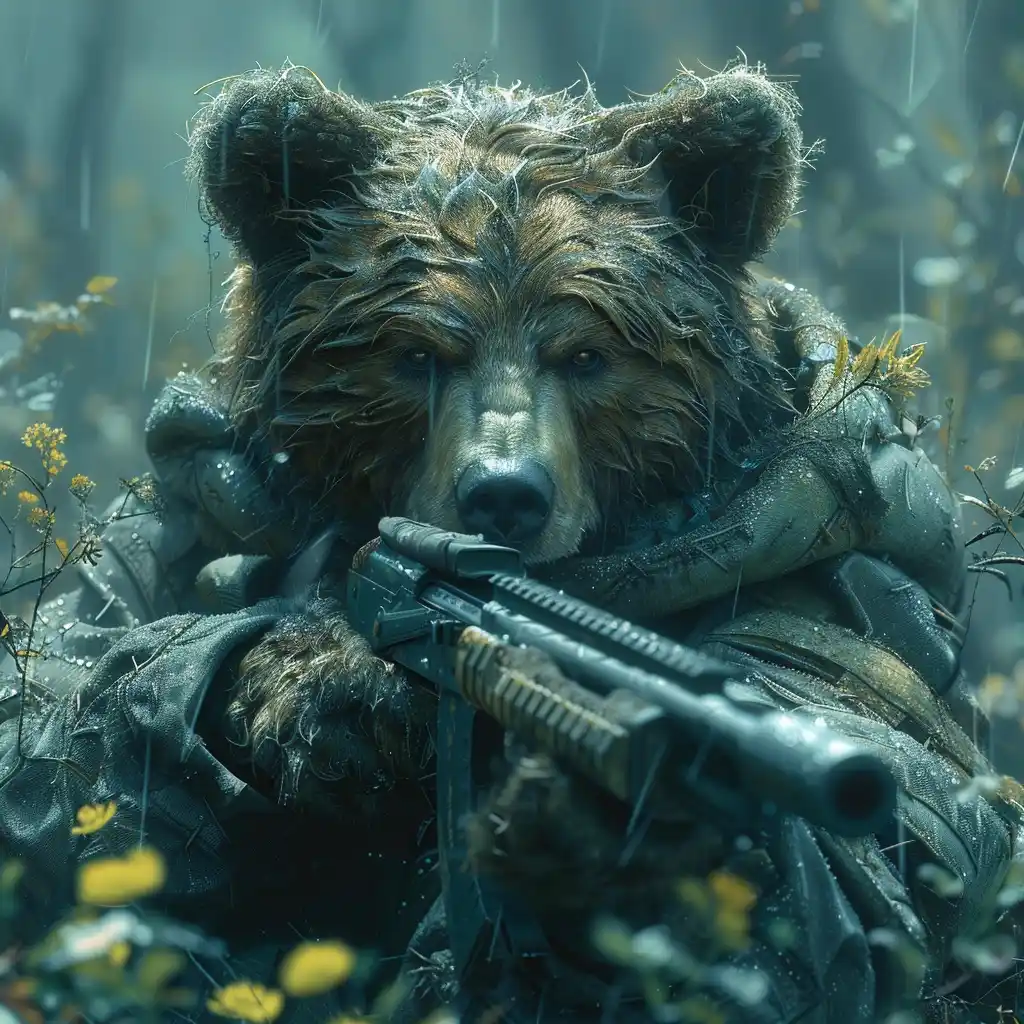 Front View Hunter Bear Midjourney提示词