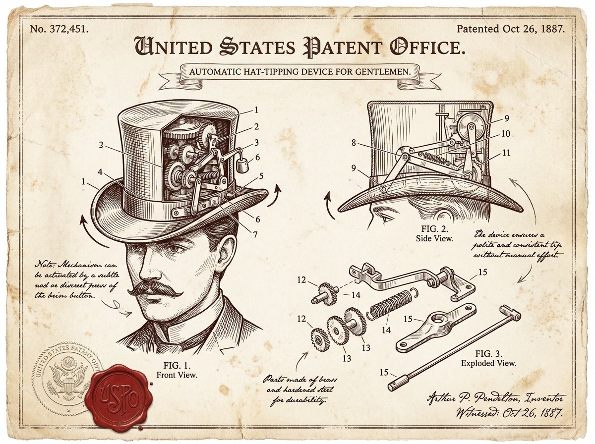Vintage Patent: Automatic Hat-Tipping Device Steampunk Art Nano Banana提示词