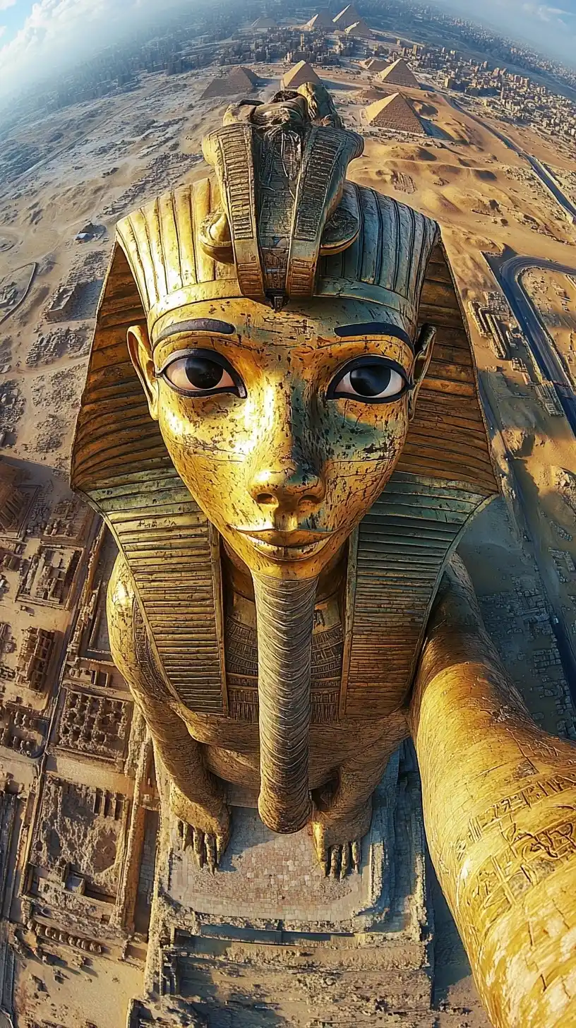 Golden Sphinx Selfie Pyramids Midjourney提示词