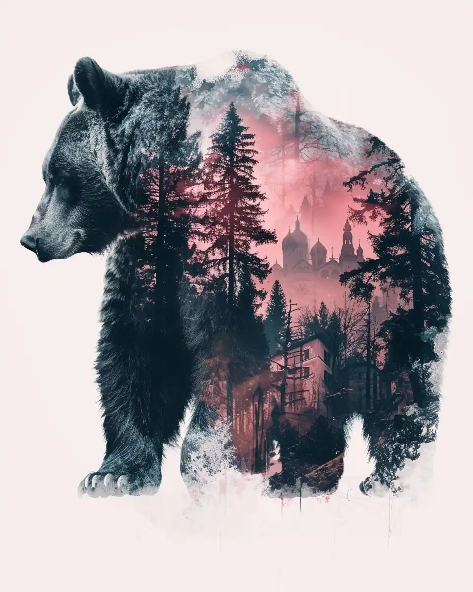 Double Exposure Bear Building Midjourney提示词
