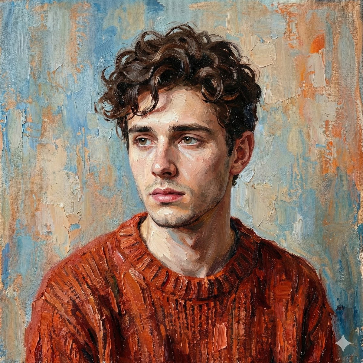 Oil Painting Portrait of Young Man in Sweater - Pensive Art Nano Banana提示词