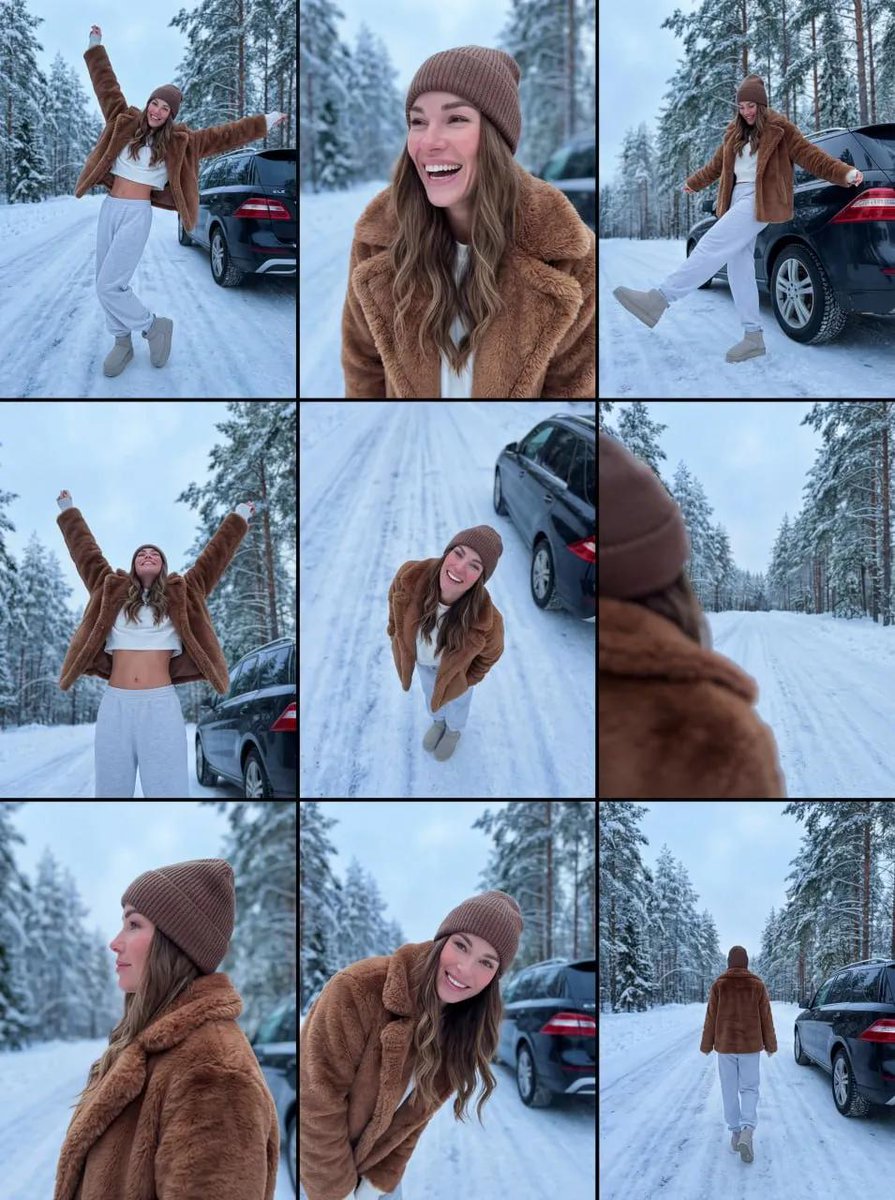 Winter Fashion in Snowy Forest - Cheerful Woman Portrait Nano Banana提示词