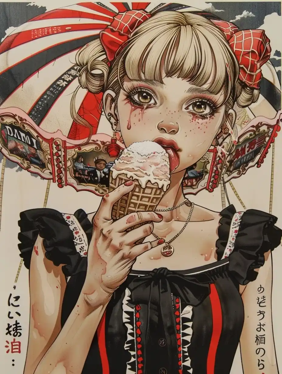 Japanese Poster Girl with Ice Cream Midjourney提示词