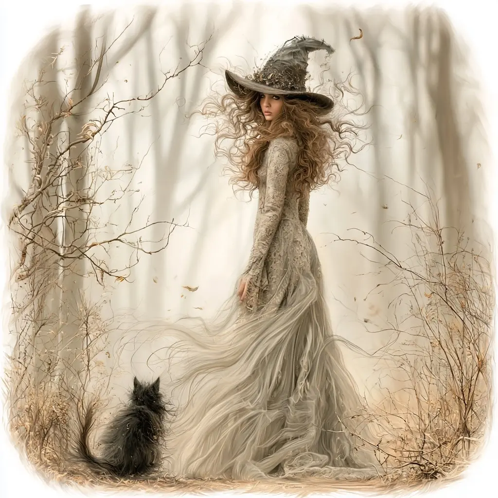 Witch and Cat Forest Midjourney提示词