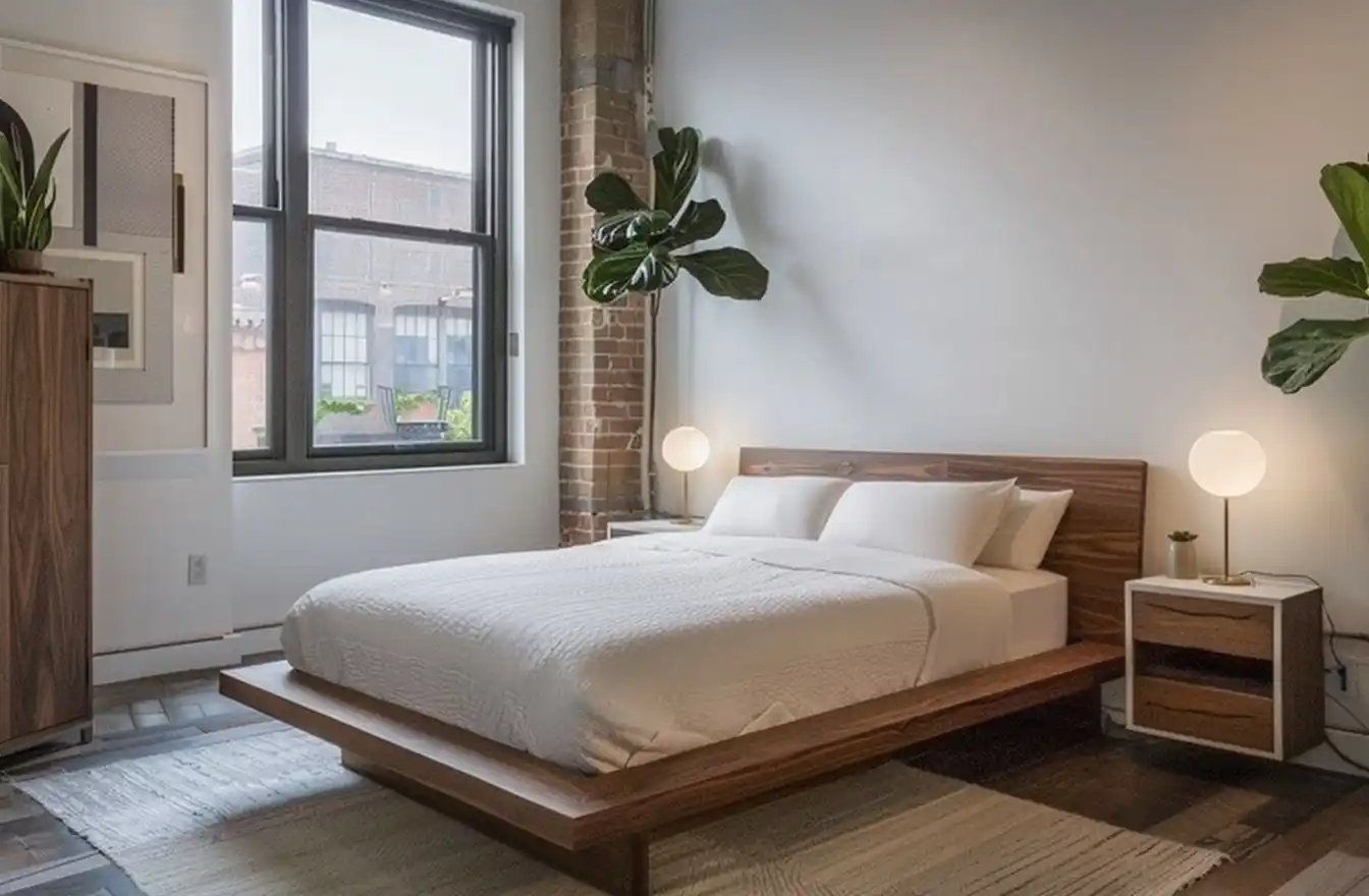 Minimalist Bedroom with Nightstand Midjourney提示词