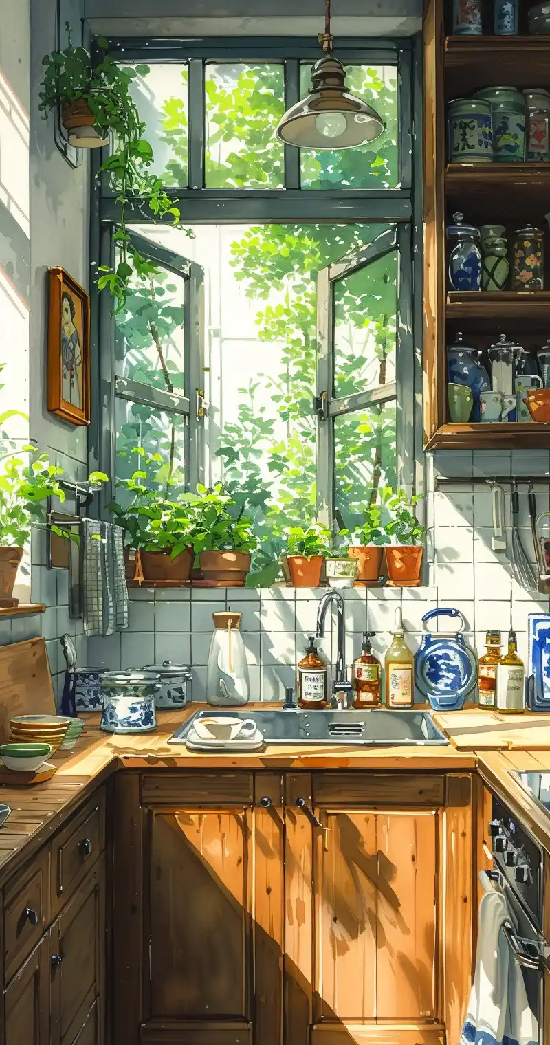 White Tile Kitchen Watercolor Midjourney提示词