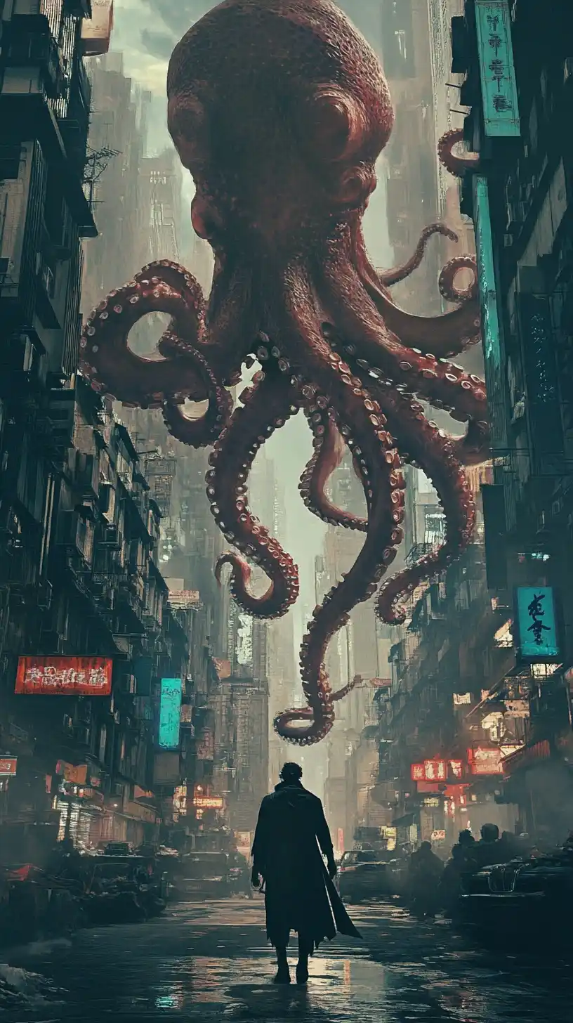 Octopus Over Cityscape Illustration Midjourney 提示词生成效果