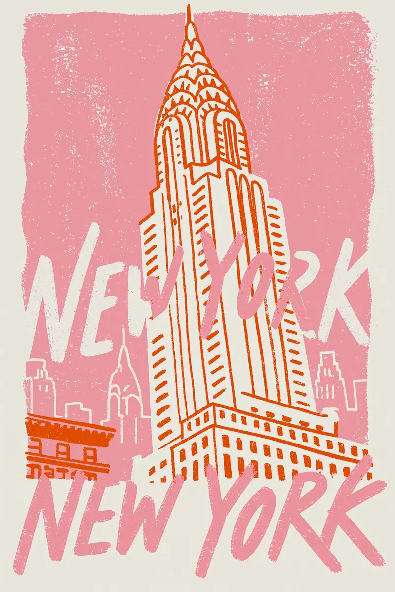 Risograph NYC Architecture Poster Midjourney提示词