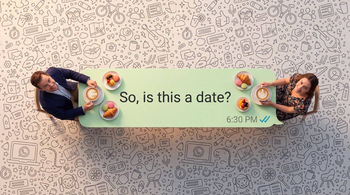 WhatsApp Coffee Date Ad: Overhead View, Cheerful Couple Nano Banana提示词