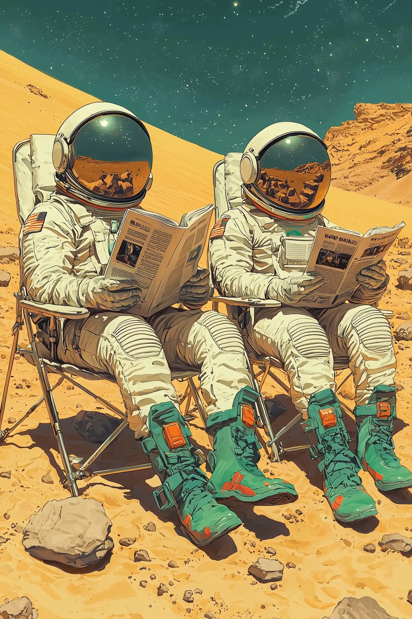 Astronauts Reading on Alien Dunes Midjourney提示词