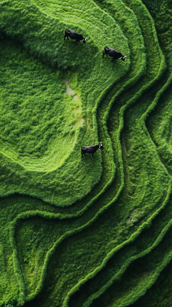 Minimalist Aerial Pastures with Cows Midjourney提示词
