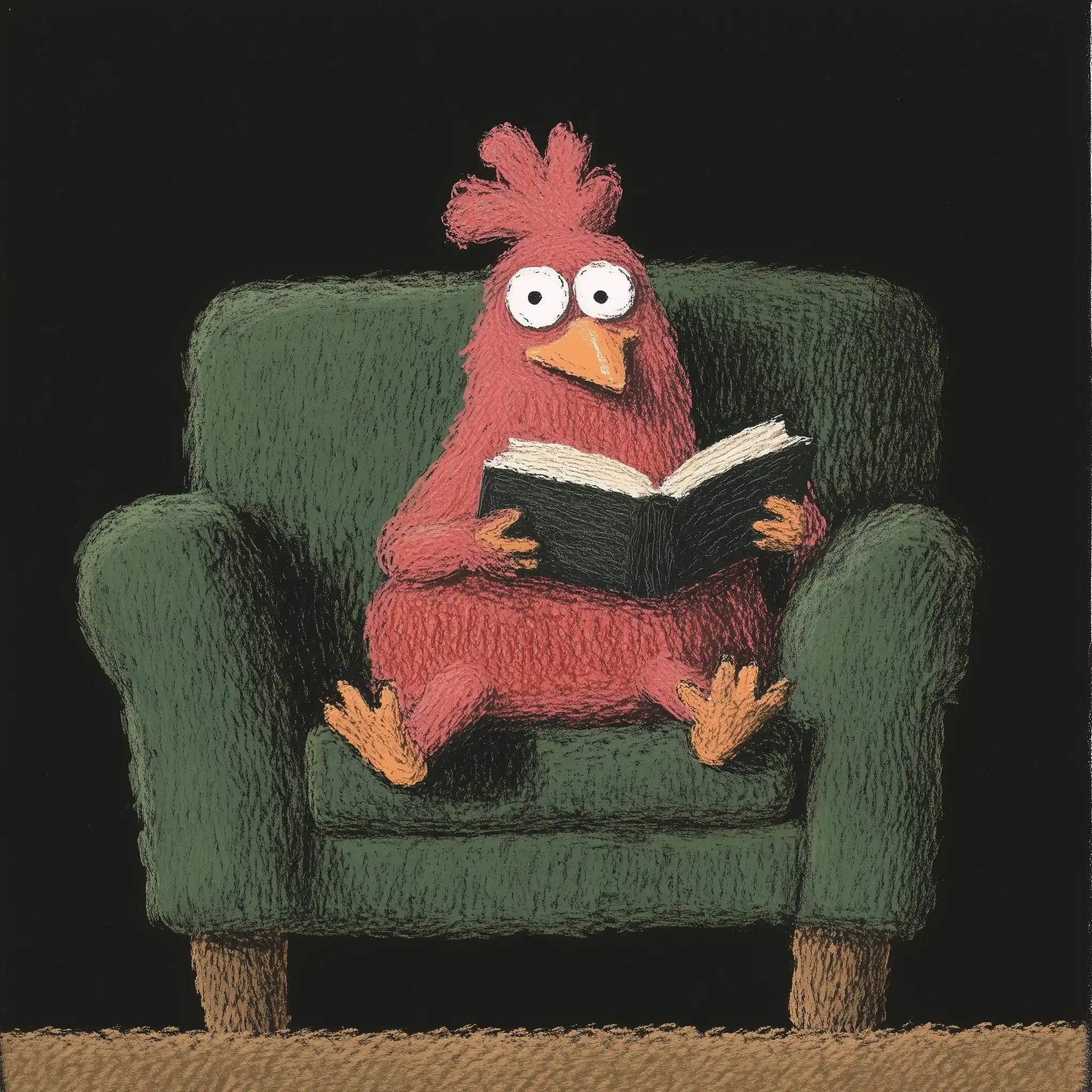 Cozy Chicken Reading Illustration Midjourney提示词