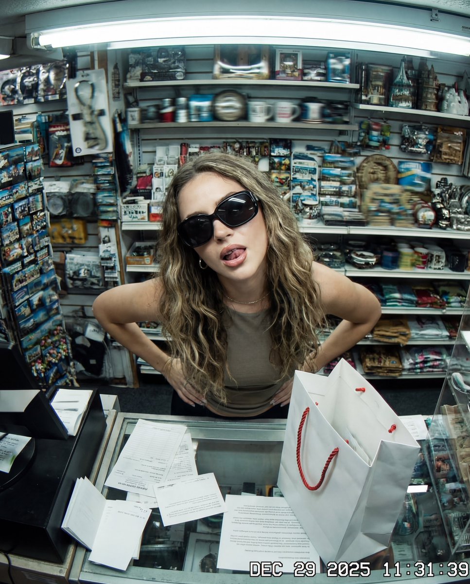 Playful Young Woman in Sunglasses at Souvenir Shop Nano Banana提示词